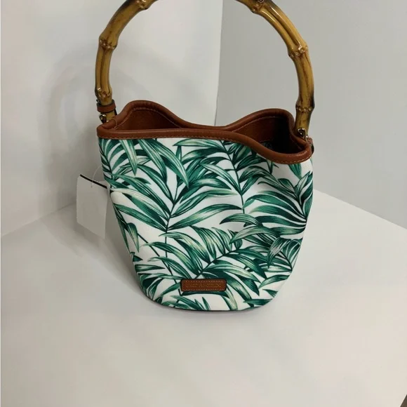 Resort Ready ENZO ANGIOLINI Green Multi Fabric Canvas Bamboo Resin Handle Purse - Picture 6 of 9